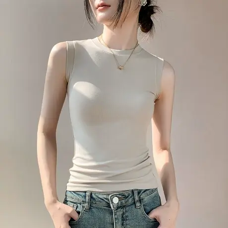 无袖T恤女2025春秋圆领打底衫紧身工字背心西服内搭女款削肩上衣商品大图