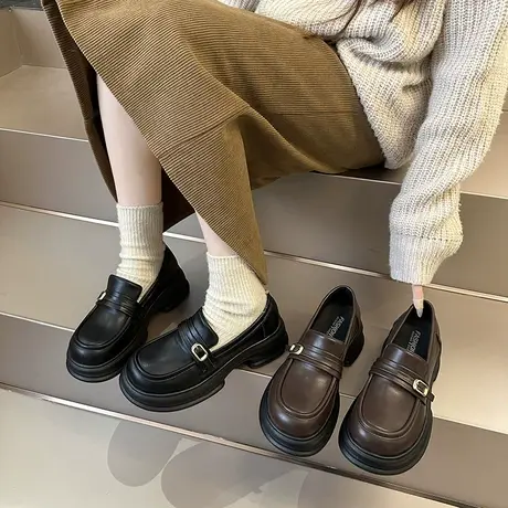 复古乐福鞋女2024春秋季新款英伦风粗跟单鞋小个子厚底增高小皮鞋商品大图