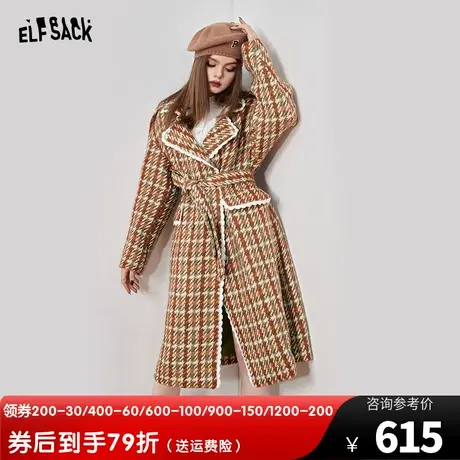 妖精的口袋小香风毛呢大衣女2022秋冬季新款格子中长款粗花呢外套图片