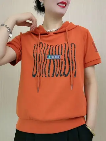 夏季新款休闲百搭T恤上衣女时尚印花短袖连帽卫衣宽松遮肚打底衫商品大图