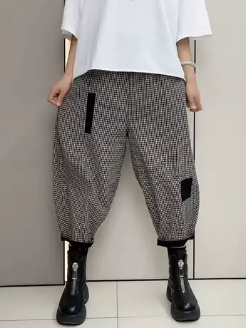2023春夏季棋盘格子薄款老爹裤女士大码宽松休闲百搭拼色灯笼裤潮商品大图
