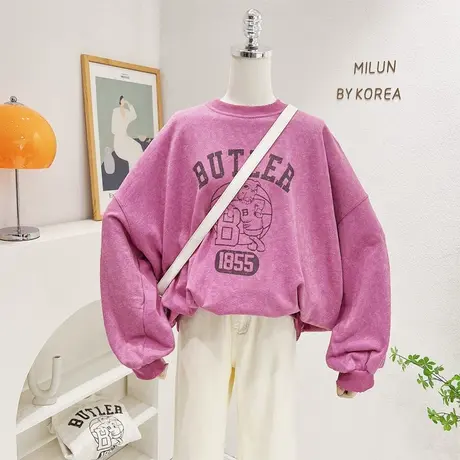 2022秋季新款韩国东大门Chic复古慵懒休闲做旧圆领长袖卫衣大码潮商品大图