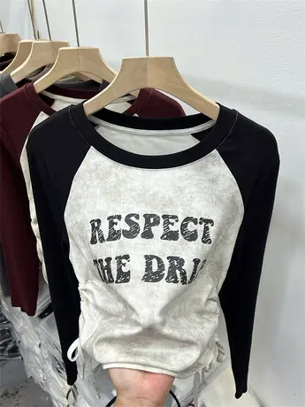 欧货设计感晕染T恤收腰抽绳褶皱针织衫女2023早秋新款长袖打底衫图片