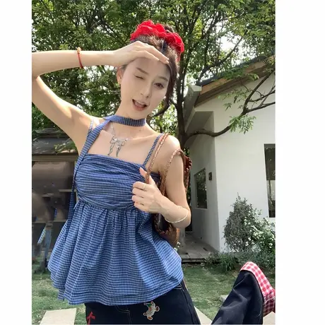 2025夏季新款韩系显瘦甜辣挂脖蓝色格纹百搭吊带背心上衣女装chic图片