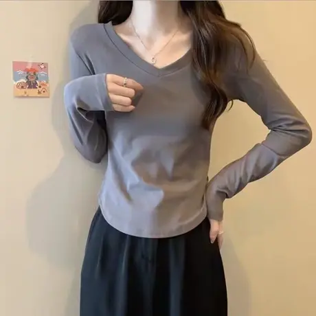 V领纯棉T恤长袖女初秋洋气百搭修身显瘦小个子短款内搭打底衫上衣商品大图