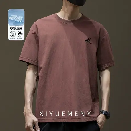 天丝亚麻凉感印花短袖T恤男薄款夏季新款宽松大码莱赛尔半袖体恤商品大图