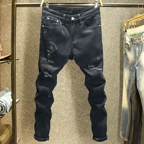 黑色潮牌牛仔裤男款破洞修身小脚裤秋季高端大牌烫钻长裤子春秋款商品大图