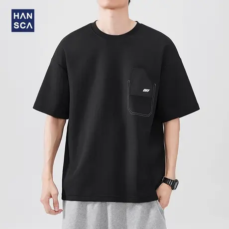 hansca 240g重磅短袖T恤男款双面珠地2025夏季简约绣花微落肩上衣商品大图