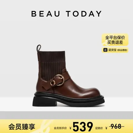 【清仓款】BeauToday英伦风骑士靴女BT粗跟复古时装靴真皮短靴图片