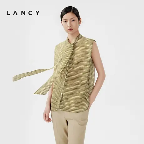 LANCY/朗姿2024夏季桑蚕丝印花无袖飘带衬衫气质真丝领带上衣女士图片
