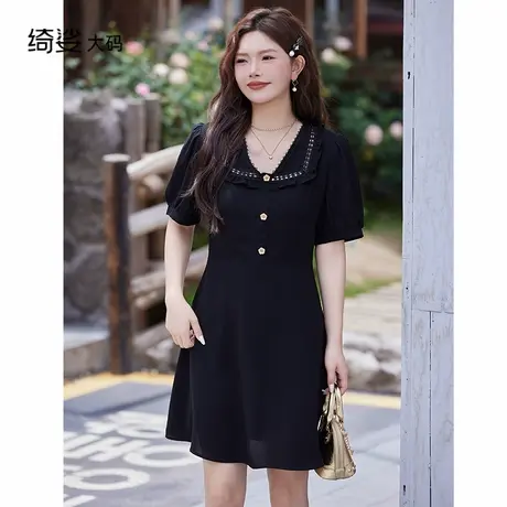 绮娑大码女装2025夏装新款减龄收腰A字小黑裙显瘦胖mm连衣裙商品大图