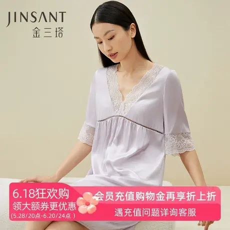 金三塔真丝睡裙女夏天蕾丝短袖100%桑蚕丝性感可外穿睡衣家居服商品大图