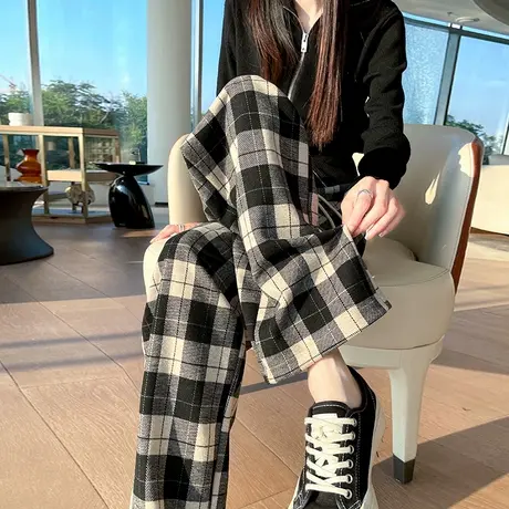 黑白毛呢格子阔腿裤女秋冬2023新款高腰垂感显瘦休闲直筒拖地裤子商品大图