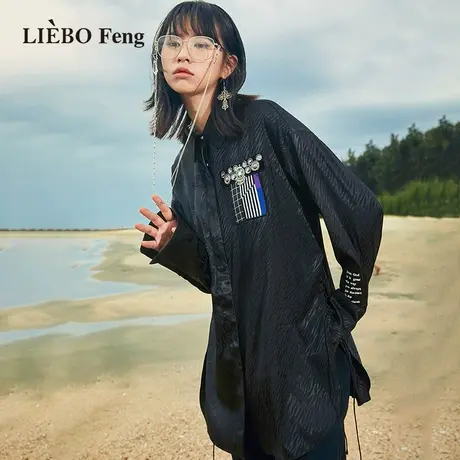 裂帛LIEBOFeng小众设计感龙纹缎面不对称国风刺绣黑色长袖衬衫女图片