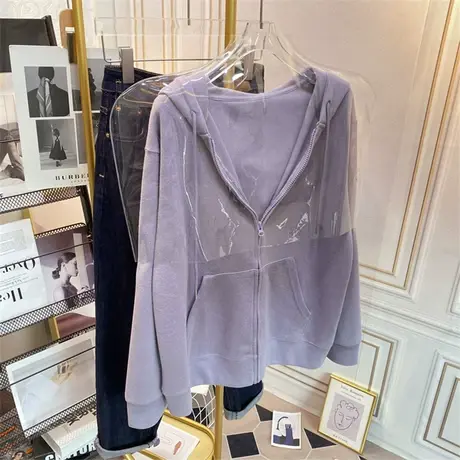 拉链开衫女戴帽2022春秋季新款百搭运动休闲宽松韩版连帽卫衣外套商品大图