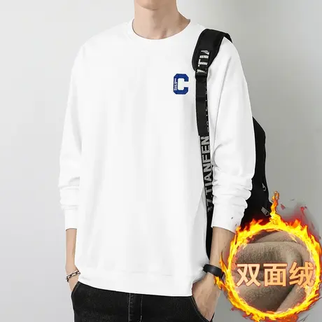 白色卫衣男圆领套头无帽上衣服宽松双面绒秋冬款加绒保暖长袖t恤商品大图