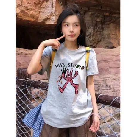 纯棉短袖t恤女2025新款爆款夏季灰色设计感美式高街宽松半袖上衣图片