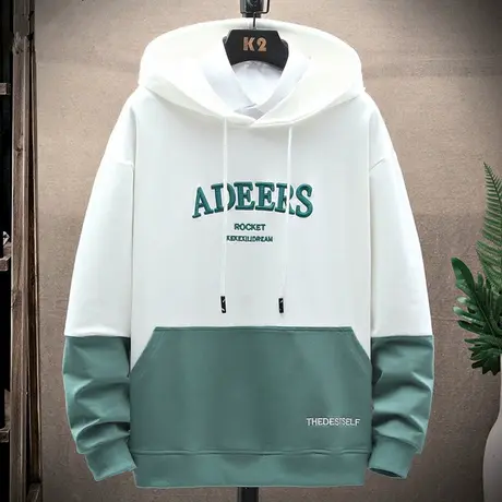 刺绣卫衣男春秋季连帽套头打底衫男生休闲上衣长袖男拼色外套秋款商品大图