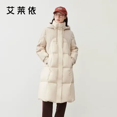艾莱依奥莱拼接羽绒服女新款设计感保暖长款时尚连帽鸭绒冬季外套图片