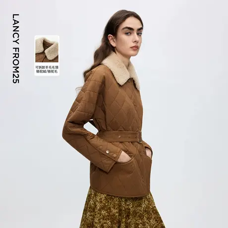 朗姿可拆卸毛领骆驼绒老钱风棉服复古时尚棉衣女2025年冬季新款图片