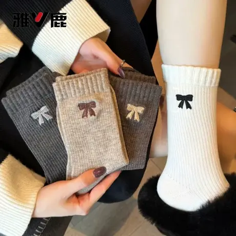 雅鹿美拉德袜子女秋冬ins潮中筒袜韩系蝴蝶结咖色长筒袜秋冬长袜图片