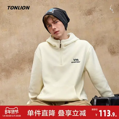 唐狮2026秋冬季连帽卫衣男左胸绣花设计半开胸摇粒绒厚休闲风上衣图片