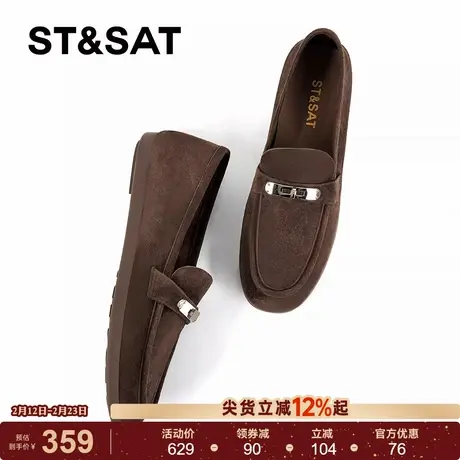 星期六绒面乐福鞋女2025圆头金属扣平底单鞋英伦一脚蹬软底懒人鞋商品大图