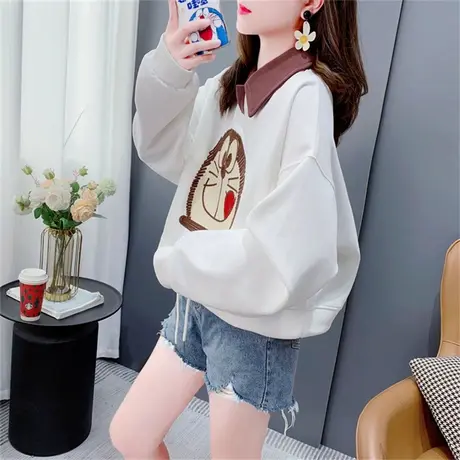 学院风休闲Polo领卫衣女2023新款早秋宽松刺绣小个子甜美短款上衣商品大图