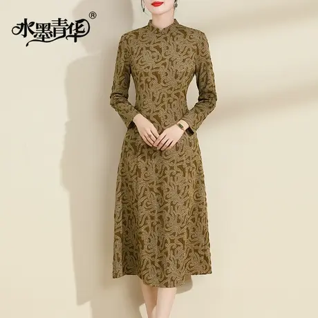 水墨青华2023冬季新品简约中长款A字裙显瘦长袖花色连衣裙商品大图
