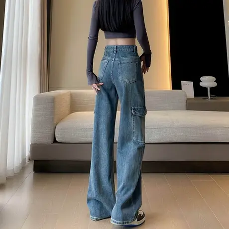 蓝色复古工装牛仔裤女秋季新款高腰显瘦宽松垂感阔腿直筒拖地长裤商品大图