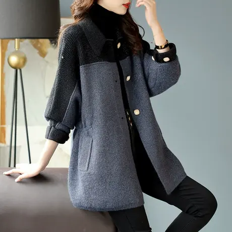 宝诗黎蝙蝠袖亮丝针织外套POLO领中长款单排扣保暖新款秋季上衣女商品大图