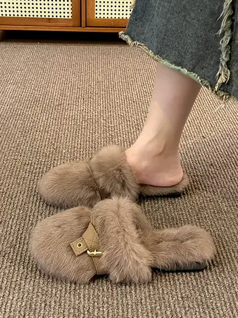 小香风高级感毛毛拖鞋女外穿2023年秋冬季爆款平底包头棉拖穆勒鞋商品大图