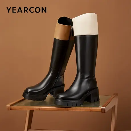 意尔康真皮靴子2023秋冬厚底小众拼色长筒靴女百搭英伦骑士马丁靴商品大图