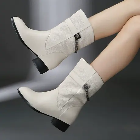 真皮马丁靴秋冬新款短靴女士皮靴粗跟圆头短靴真皮女靴欧美休闲靴商品大图