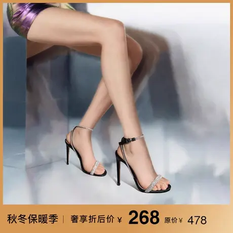 熙漫2023夏季新款露趾黑色时装凉鞋女一字水钻气质法式名媛高跟鞋商品大图