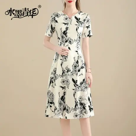 水墨青华2024夏季新款百搭显瘦a型裙时尚醋酸绒花色短袖连衣裙商品大图