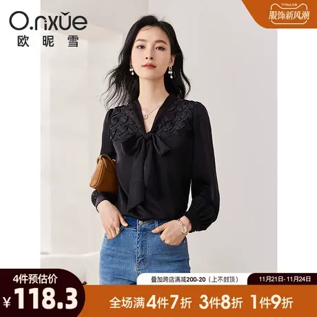 欧昵雪2024春秋新款气质飘带领蝴蝶结衬衫女长袖直筒套头小众衬衣商品大图