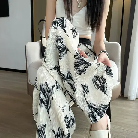 时尚印花阔腿风琴裤女夏季薄款垂感褶皱直筒休闲民族风防晒冰丝裤商品大图