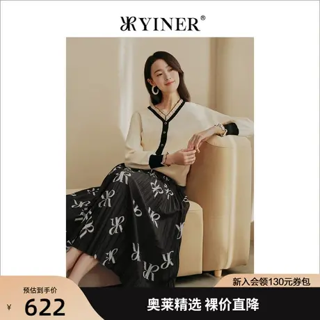 YINER音儿女装2022秋新款木耳边拼接V领针织衫套头商品大图
