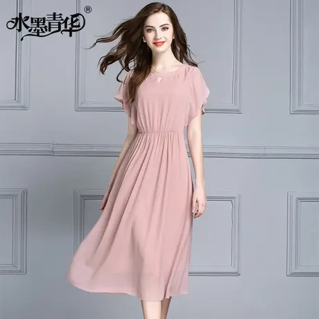 【1件7.9折】夏装新品优雅圆领蝙蝠袖修身中长款纯色雪纺连衣裙图片