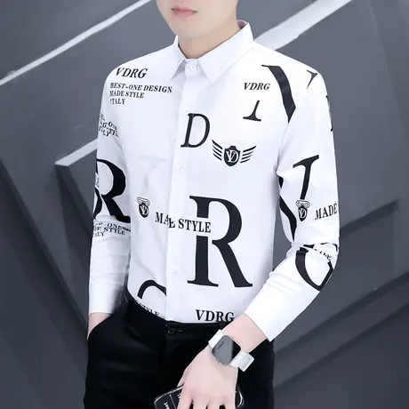 白衬衫男士时尚个性印花秋季免烫上衣ins设计感韩版帅气长袖衬衣图片