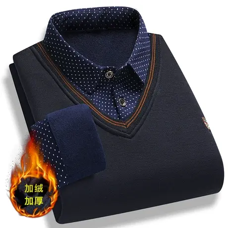 冬季毛衣男中青年加绒加厚保暖休闲衬衫领假两件套头针织衫爸爸装商品大图