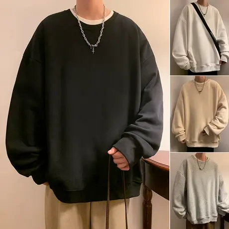 春秋季新款情侣圆领卫衣男宽松大码潮流纯色打底衫休闲套头上衣服商品大图