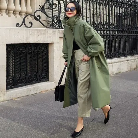 春秋新款抽绳立领风衣女中长款韩版宽松大码时尚休闲收腰风衣外套商品大图