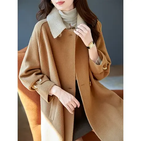 宝诗黎针织翻领双排扣宽松毛呢外套女春秋2024年新款中长气质大衣商品大图