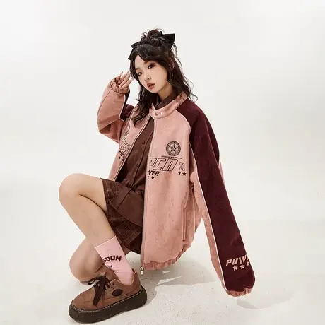 YEP机车风复古拼接加厚外套女春秋美拉德棉服夹棉袄街头立领棉衣商品大图