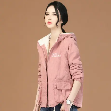 韩潮袭人连帽刺绣灯芯绒加绒短外套女2023冬装新款工装棉衣棉服女商品大图