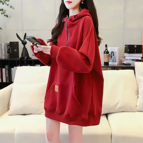 加绒加厚连帽卫衣女中长款2024新款春季宽松休闲百搭oversize外套商品大图