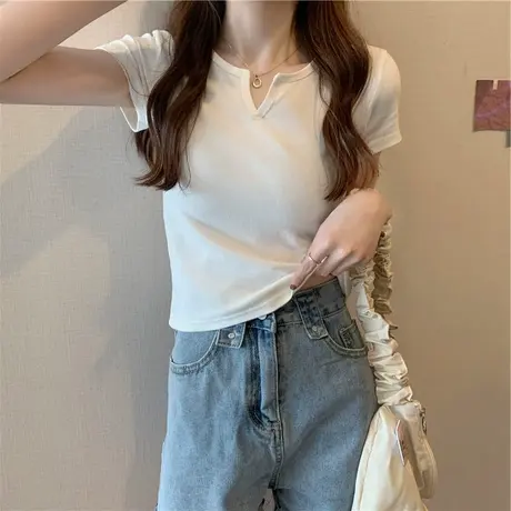 2023新款春夏欧货别致小衫爆款纯欲上衣甜辣妹短款女装短袖t恤ins图片