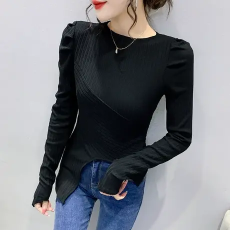 时尚泡泡袖上衣女春装新款设计感欧货打底衫不规则开叉T恤女长袖图片